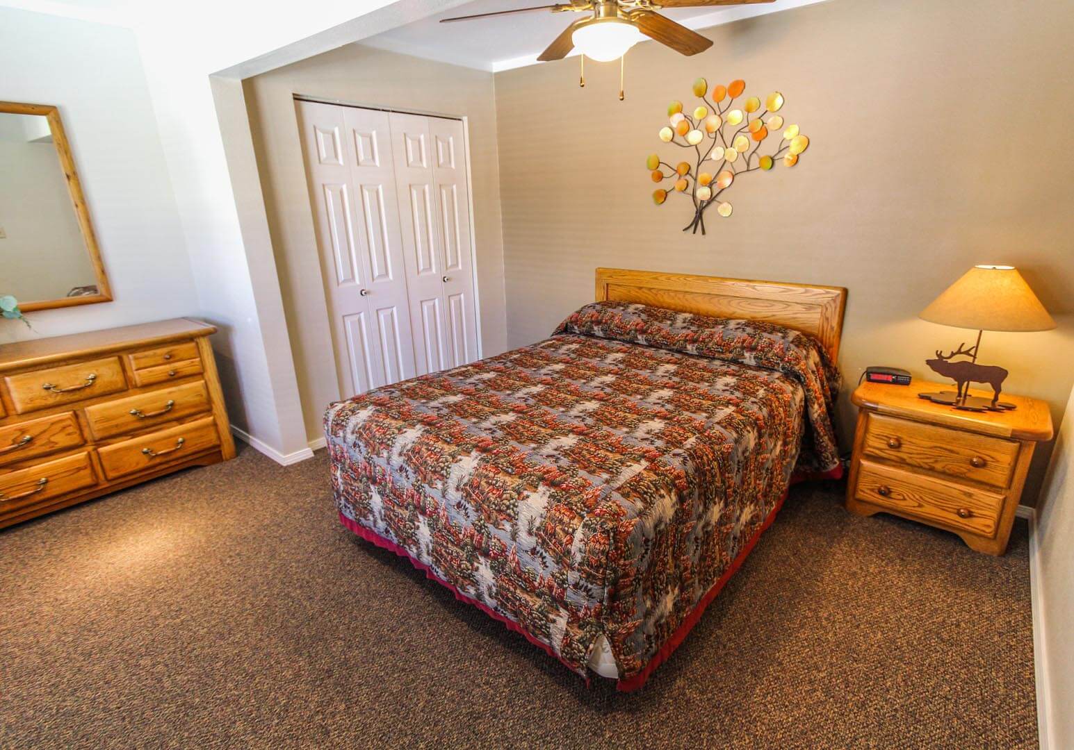 A peaceful master bedroom at VRI's Jackson Hole Towncenter in Wyoming.